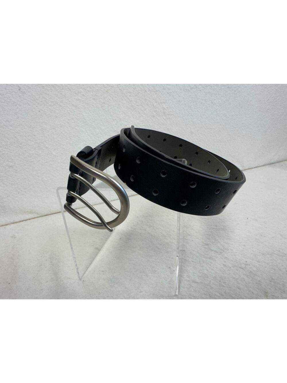 Black Synthetic Leather Belt With Silver Buckle S/M Two Holes Throughout Grunge